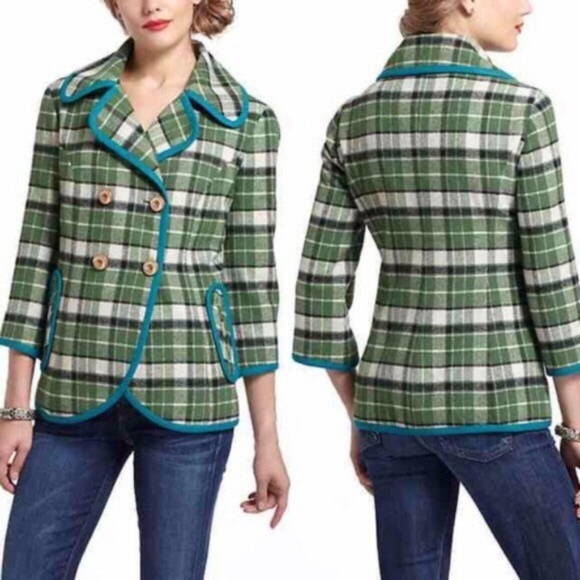 Anthropologie Jackets & Blazers - Anthropologie// Tabitha Pea Coat // Plaid Green XS